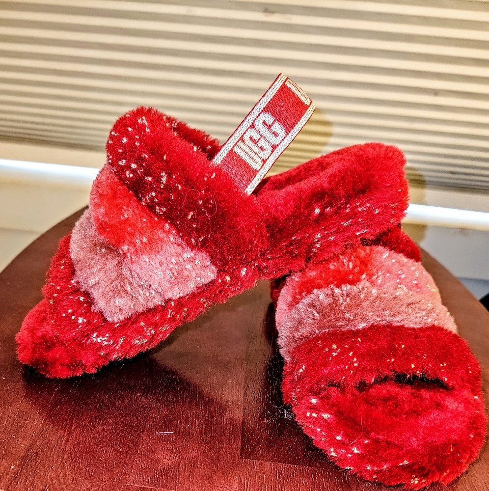 UGG Girls Red Fuzzy Slippers Size 3Y